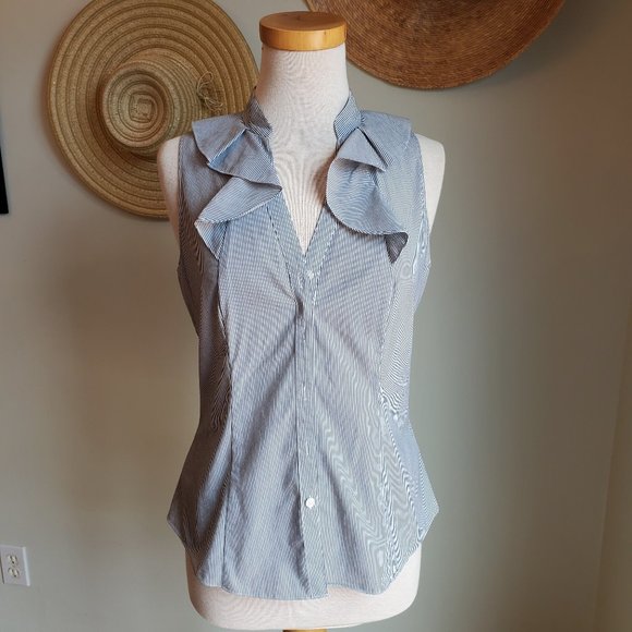 Tahari Sleeveless Ruffle Neckline Striped Blouse - Picture 1 of 8